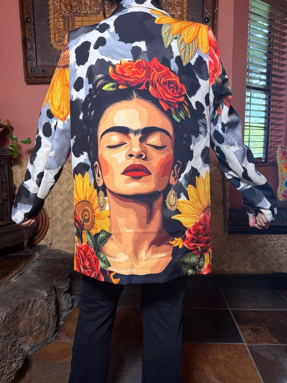 Frida Kahlo Print Floral Sunflower Blazer - Black/White with Yellow & Red